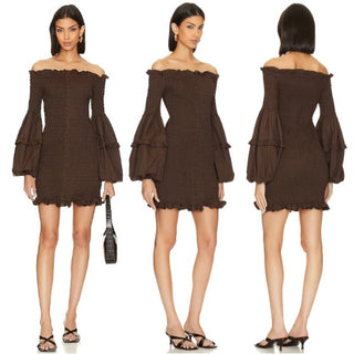 $380 NWT Joslin Off The Shoulder Ruffle Smocked Karlie Dress Chocolate Women US4