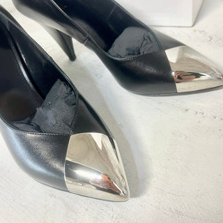 NIB $1.200 Celine Triangle Heel Metallic Toe Leather Pump Black Women's Sz 35.5