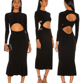 Norma Kamali Long Sleeve Cut Out Aztec Fishtail Midi Dress Black Women's XS/34