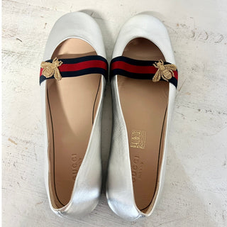 NWT Gucci Bayadere Bee Leather Slip On Ballerina Flat Shoes Silver Women's 38