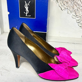 NWT Yves Saint Laurent's Two Tone Satin Slip On Pump Fuchsia/Black Womens Size 8