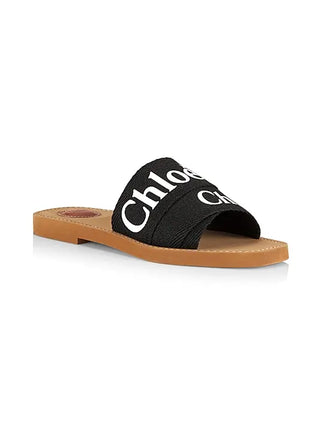 Chloé Woody Linen Logo-Print Slip On Slide Flat Sandals Black Women's Size EU 39