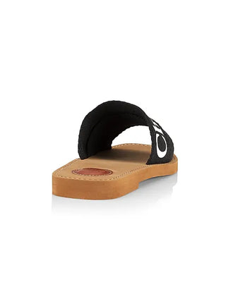 Chloé Woody Linen Logo-Print Slip On Slide Flat Sandals Black Women's Size EU 39