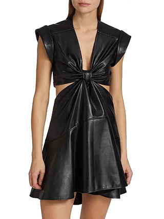 A.L.C. Lexi Vegan Leather V-Neck Side Cut-Out Mini Dress Black Women's Size 2