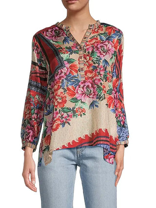 Johnny Was  Window Lin Silk Floral Long Sleeve Blouse Neutral Multi Women's XXL