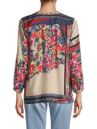 Johnny Was  Window Lin Silk Floral Long Sleeve Blouse Neutral Multi Women's XXL