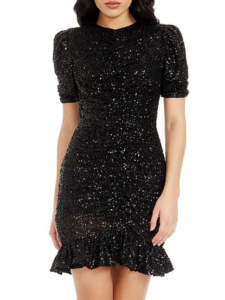 Dress The Population Chandler Sequin Ruffle Ruched Mini Dress Black Womens Large