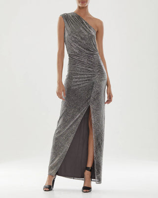 Halston Metallic Asymmetric One Shoulder Long Maxi Dress Silver Women's Size 12