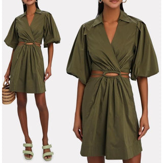 NWT Jonathan Simkhai Aulora Cut-out Poplin Mini Dress Olive/Army Women's Size XS