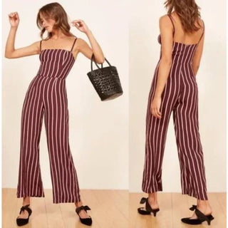 $198 Reformation Guatemala Striped Wide Leg Jumpsuit Burgundy White Women's Sz 4