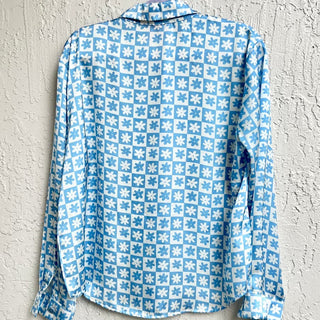 Lisa Says Gah Long Sleeve Daisy Print Bailey Button Down Shirt Blue Women's M