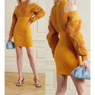 NWT HERVÉ by Hervé Léger Cold-Shoulder Cable-knit & Bandage Mini Dress Yam XS