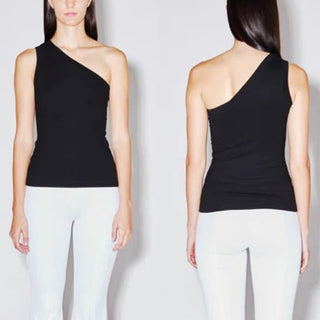 $395 Rosetta Getty One Shoulder Asymmetric Tank Top Fitted Black Women's Medium