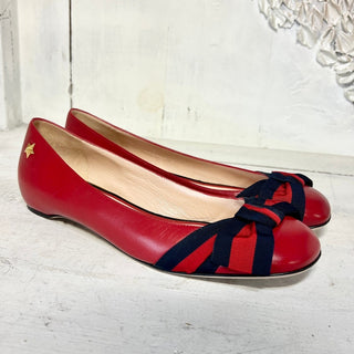 Gucci Leather Grosgrain Web Stripe Bow Slip On Ballet Flat Shoes Red Womens 37.5