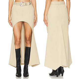 NWT Lovers And Friends Jane High Low Denim Belted Maxi Skirt Beige Women's XS