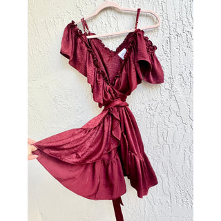 Misa Valerya Ruffle Trim Cold Shoulder Wrap Mini Dress Red Wine Women's Size XS