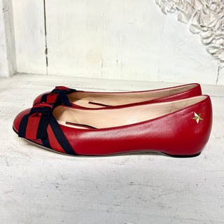 Gucci Leather Grosgrain Web Stripe Bow Slip On Ballet Flat Shoes Red Womens 37.5