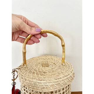 La Quijana Wicker Woven Bucket Bag Cream With Red Lobster Pouch Women's