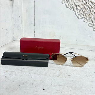 NWT Panthère de Cartier Rimless Gold Metal Gradient Brown Lens Cat Eye Sunglass