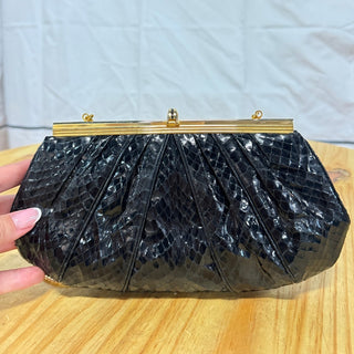 Judith Leiber Vintage Black Embossed Snakeskin Shoulder Frame Clutch Handbag