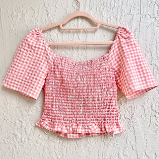 NWT BCBG GENERATION Gingham Ruffle Smocked Cropped Top Coral Pink Women's Small