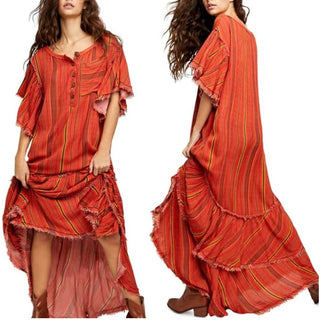 Free People Better Days Striped Henley Ruffle Hem Maxi Dress Red Combo Womens XS