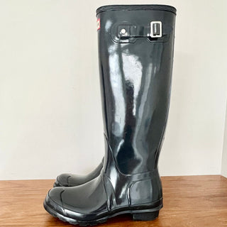 Hunter Wellies Tall Gray Gloss Waterproof Rain Boots Women's Size US 8 EUR 39