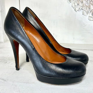 Gucci Leather Slip On Round Toe Stilettos Heel Platform Pumps Black Women's 37.5