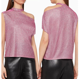 R+A Axel Glitter Cutout Asymmetrical Neck Blouse Top Disco Pink Women's Size M