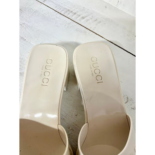 Gucci Embossed Logo Gloss Rubber Slide Heeled Mule Sandals Off-White Women 38