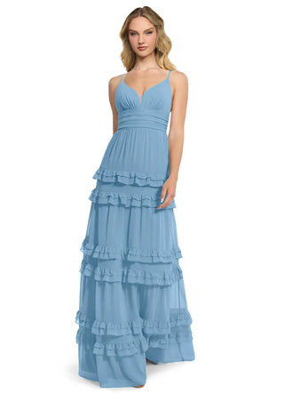 NWT Azazie Rachel Sleeveless Tiered A-Line Chiffon Maxi Dress Steel Blue Size C