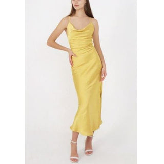 Revolve Spaghetti Strap Satin Cowl Neck Elegant Maxi Dress Yellow Women's M