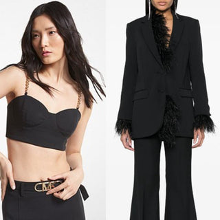 $670 NWT Michael Kors Crepe Bustier Top & Feather Trim Boyfriend Blazer Set Black US 4