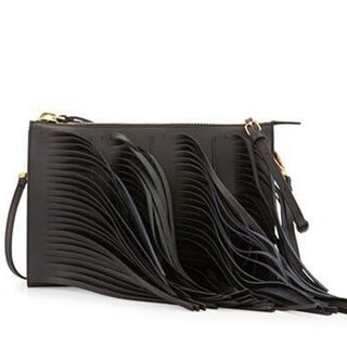 NWT Marni Fringe Black Leather Zip Crossbody Shoulder Oversize Clutch Bag