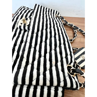 Chanel Striped Flap Classic Velour Velvet Shoulder Bag Black White Women's