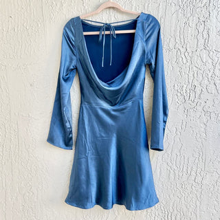 NWT Showpo. Boat Neck Open Tie Back Cladette Mini Dress Steel Blue Women's US 2