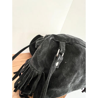 The Perfext 100% Calf Suede Leather Fringe Flap Backpack Bag Black Women's