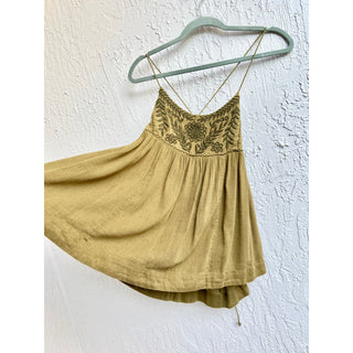 Free People Blackbird Embroidered Spaghetti Strap Tank Top Moss Green Women's XS