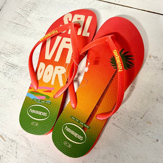 NWT Havaianas Slim Print Postcard Slip On Flip Flops Salvador Orange Women 37/38