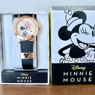 NWT Disney Minnie Mouse Watch Black Rose Gold Tone Pink Sparkle Women's