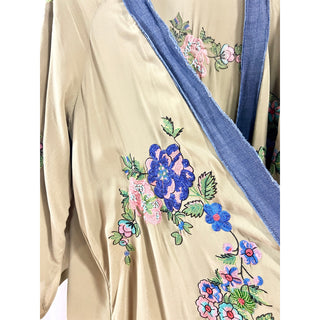 Anjuna Embroidered Floral Open Front Kimono Kaftan Olive Green Women's Size M