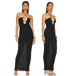 NWT Camila Coelho Ribbed Halter Neck Bodycon Maxi Dress Black Women's Size M