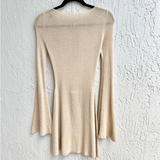 NWT Meshki Zahra Long Sleeve Boat Neck Open Back Mini Knit Dress Wheat Womens XS