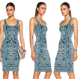 Herve Leger Sleeveless Farah Peacock Combo Mini Dress Teal Green Women's Small