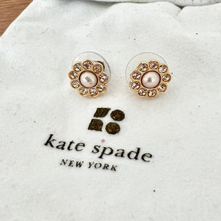 Kate Spade Gold Rhinestone Pearl Embellished Push Back Earrings Women's