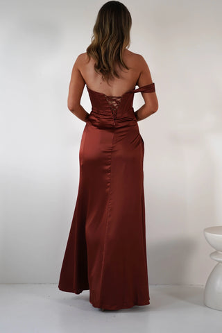 NWT Oh Hello Nicolette Soft Satin Strapless  Maxi Gown Rust Brown Women's Size M