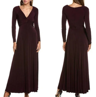 Taylor Twisted Bust V-Neck Pleated A-Line Maxi Dress Mahogany Purple Women's Size 4