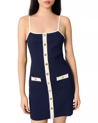 NWT Maje Sleeveless Straight Neck Rib Knit Bodycon Short Dress Navy White Size 6