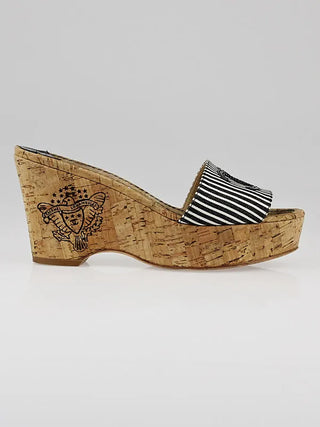 Vintage Chanel Striped CC Logo Cork Platforms Slide Sandals Black White EU 41