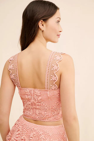 NWT FARM Rio Guipire Sleeveless Sweetheart Neck Lace Cropped Corset Top Pink M